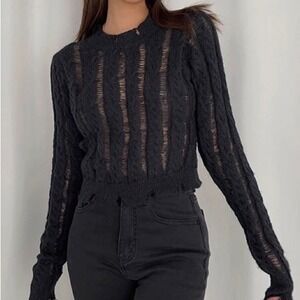 Commense Snowflake Crochet Sweater Women XS Black Distressed Cropped Whimsygoth